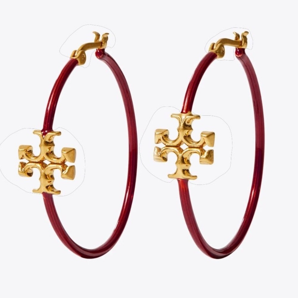 18K Gold plated Kira Tory Burch Red and Gold Hoop Earrings - Picture 2 of 7